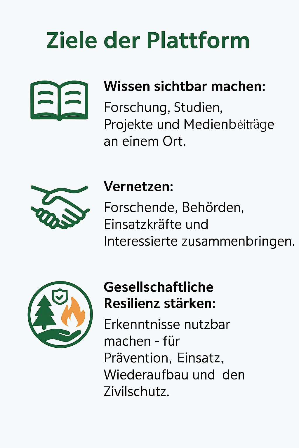 Ziele der Wissensplattform:  Wissen sichtbar machen: Forschung, Studien, Projekte und Medienbeiträge an einem Ort. Vernetzen: Forschende, Behörden, Einsatzkräfte und Interessierte zusammenbringen. Gesellschaftliche Resilienz stärken: Erkenntnisse nutzbar machen – für Prävention, Einsatz, Wiederaufbau und den Zivilschutz.