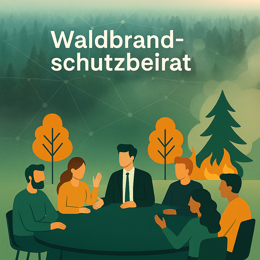 Die Abbildung zeigt eine beratende Runde des Waldbrandschutzbeirats, die sich inmitten einer Waldbrandkulisse gemeinsam mit dem Thema Prävention und Management von Waldbränden auseinandersetz